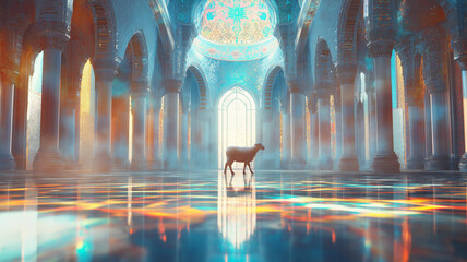 Sci-fi inspired mosque interior with mirror-polished floors, fractal patterns, and lamb silhouette softly out of focus