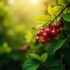 Obraz premium Sun-drenched wild berries, vibrant hues, lush foliage, blackberry, dew