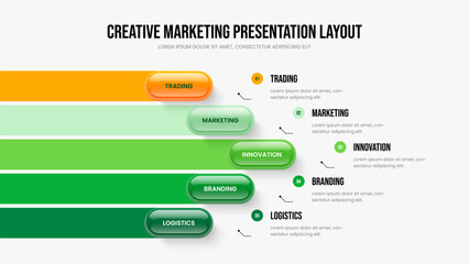 Advertising Overview 5 Option Diagram Presentation Design. Company Report Five Element Infographic Slideshow Template. Modern Introduction Slide Layout Vector Illustration.