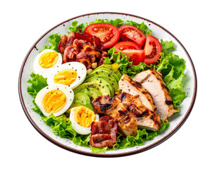 Fresh Chicken Salad with Eggs Bacon Avocado and Tomato Healthy and Delicious Meal