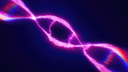 Glowing neon DNA helix with electric energy flowing through its structure against a dark background