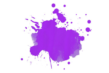 Purple watercolor stains, ink splashes, paint drops set on transparent background.
