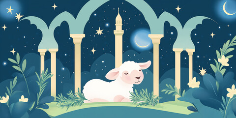 Minimalist flat-style vector illustration of a lamb grazing beneath starry arches with mosque spire overhead