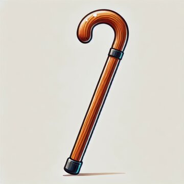A wooden cane with a curved handle is shown against a plain background.