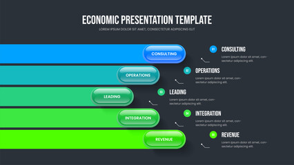 Financial Visualization 5 Option Infographic Slide Template. Corporate Briefing Frame Layout Vector Illustration. Enterprise Growth Five Step Diagram Presentation Design.