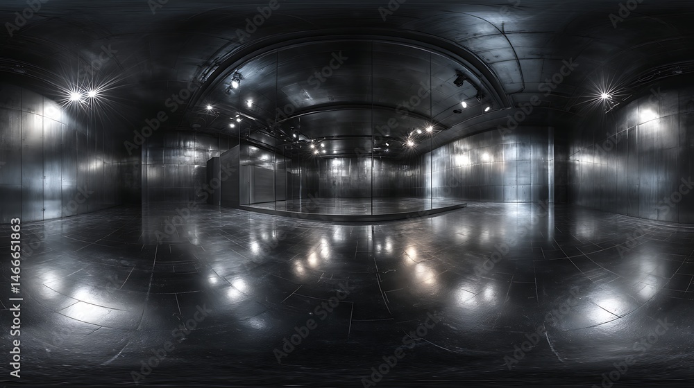 Poster 360 degree full panorama environment of black minimalistic studio environment with bright lights and