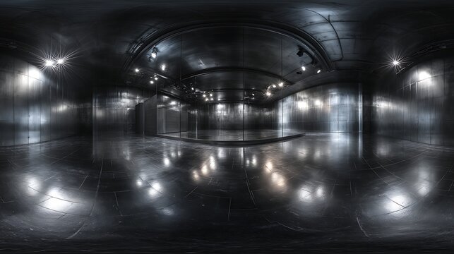 360 Degree full panorama environment of black minimalistic studio environment with bright lights and reflections, 3d render illustration hdri hdr vr virtual reality