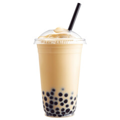 Creamy bubble milk tea with tapioca pearls in plastic cup and straw, isolated on white transparent background, concept of refreshing drink