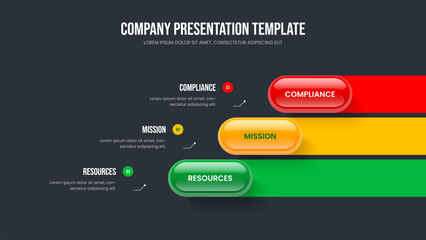 Business Profile Three Step Diagram Frame Design. Product Visualization Slide Layout Vector Illustration. Visual Proposal 3 Element Infographic Presentation Template.