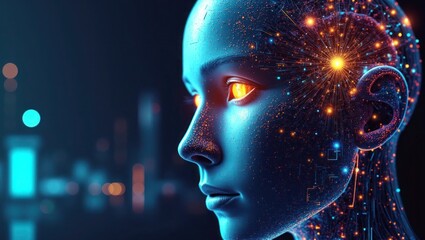 Obraz premium Futuristic android gazes over glowing city