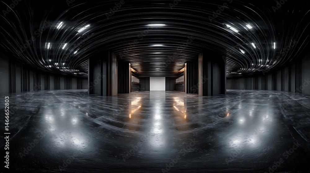 Aufkleber 360 degree full panorama environment of black minimalistic studio environment with bright lights and