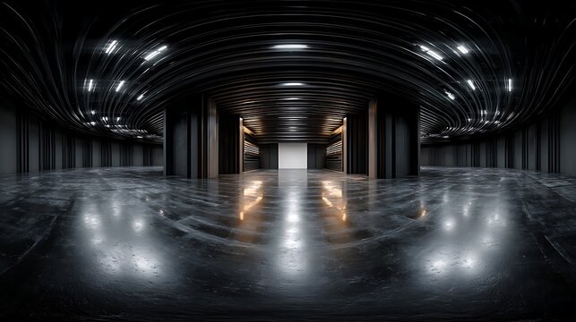 360 Degree full panorama environment of black minimalistic studio environment with bright lights and reflections, 3d render illustration hdri hdr vr virtual reality