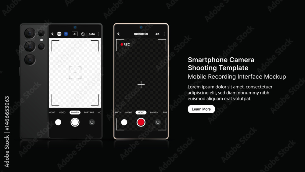 Poster smartphone camera ui template – photo and video recording screen ui with 4k, focus, zoom, grid, and 