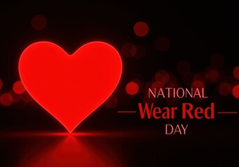 Red heart with national wear red day text on a dark background with red lights