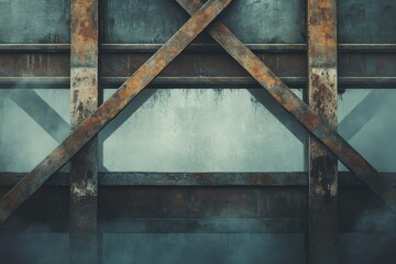 Rusted metal beams forming a weathered structure.