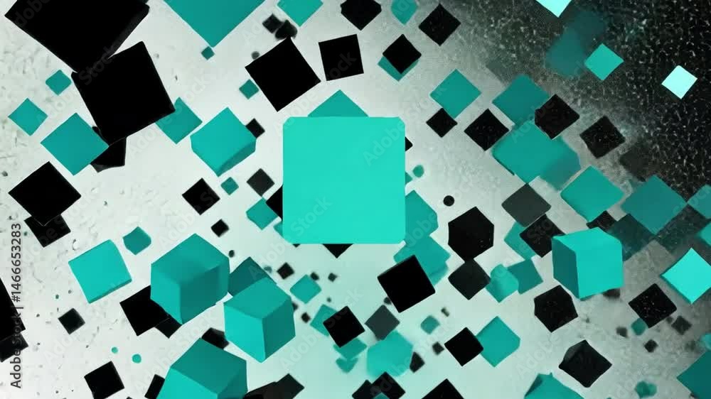 Poster vibrant 3d geometric design dynamic composition of floating teal and black cubes in abstract scene, 