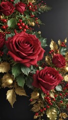 Deep crimson roses, gleaming gold accents, holly berries, elegant, holiday, winter holiday