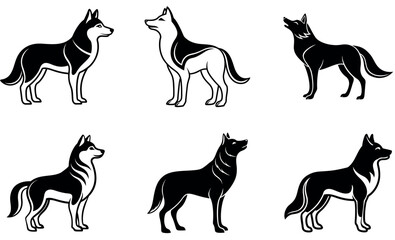 Siberian Husky Wolf Silhouette Icon Set, Vector Design