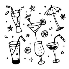 Coquettish merry Christmas set, vector hand drawn New Year doodle illustration, pink ribbon bow. Winter holiday celebration dinner champagne bottle, elegant decoration cocktail glass. Christmas doodle