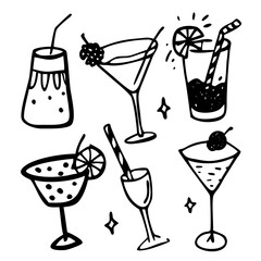 Coquettish merry Christmas set, vector hand drawn New Year doodle illustration, pink ribbon bow. Winter holiday celebration dinner champagne bottle, elegant decoration cocktail glass. Christmas doodle