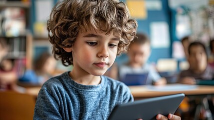 Young boy with curly hair intently using a tablet in a classroom setting with other students around him