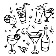 Coquettish merry Christmas set, vector hand drawn New Year doodle illustration, pink ribbon bow. Winter holiday celebration dinner champagne bottle, elegant decoration cocktail glass. Christmas doodle