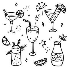 Coquettish merry Christmas set, vector hand drawn New Year doodle illustration, pink ribbon bow. Winter holiday celebration dinner champagne bottle, elegant decoration cocktail glass. Christmas doodle