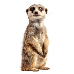 A charming meerkat stands upright on a white background exhibiting its curious expression and endea posture in a captivating studio portrait captured perfectly.