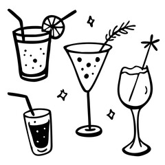 Coquettish merry Christmas set, vector hand drawn New Year doodle illustration, pink ribbon bow. Winter holiday celebration dinner champagne bottle, elegant decoration cocktail glass. Christmas doodle