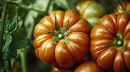 Fresh organic tomatoes growing on the vine.