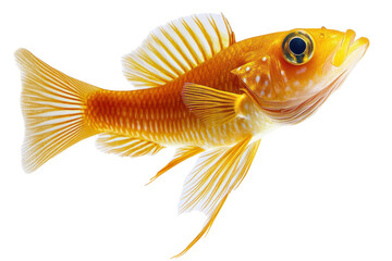 Golden fish swims in the darkness fins shimmering