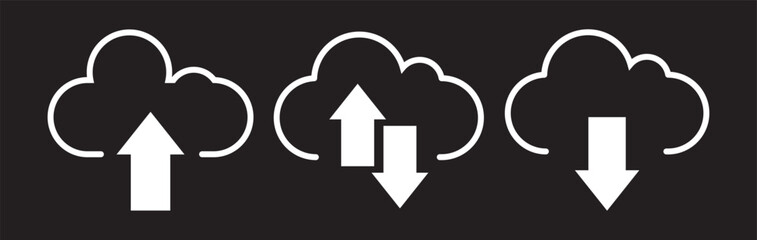 Collection cloud with arrow line icon. Upload and download cloud arrow vector symbols. cloud icon set, on white background.  Clouds with arrows up and down isolated blue signs