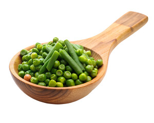 wooden spoon of green peas isolated on white background . File type PNG Transparent.