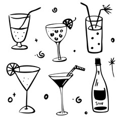 Coquettish merry Christmas set, vector hand drawn New Year doodle illustration, pink ribbon bow. Winter holiday celebration dinner champagne bottle, elegant decoration cocktail glass. Christmas doodle