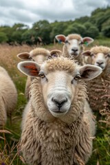 Fototapeta premium Four sheep in a group looking at the camera
