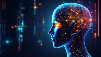 Futuristic humanoid head with glowing circuitry