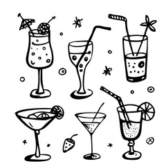 Coquettish merry Christmas set, vector hand drawn New Year doodle illustration, pink ribbon bow. Winter holiday celebration dinner champagne bottle, elegant decoration cocktail glass. Christmas doodle