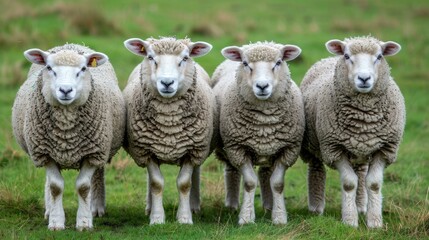 Four sheep in a group looking at the camera
