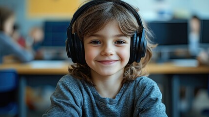 Close up portrait of a smiling young boy wearing large black headphones in a classroom setting lookin