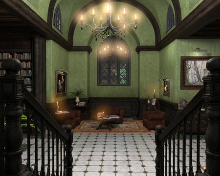 3d render of an ancient Gothic library. No AI used