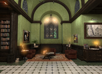 3d render of an ancient Gothic library. No AI used