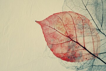 Delicate red leaf layered over transparent skeletal leaf on textured cream background