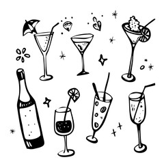 Coquettish merry Christmas set, vector hand drawn New Year doodle illustration, pink ribbon bow. Winter holiday celebration dinner champagne bottle, elegant decoration cocktail glass. Christmas doodle