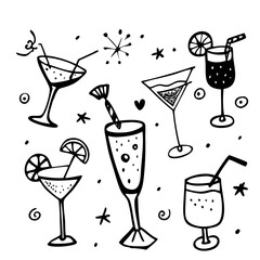 Coquettish merry Christmas set, vector hand drawn New Year doodle illustration, pink ribbon bow. Winter holiday celebration dinner champagne bottle, elegant decoration cocktail glass. Christmas doodle