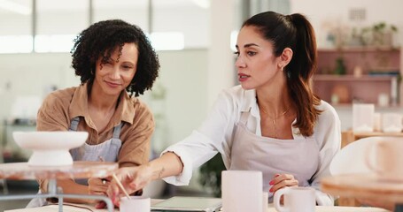 Women, potter and talking for pottery course for sculpture design, learning technique and craft process. People, instructor and teaching steps of mold production, ceramic demonstration and art lesson