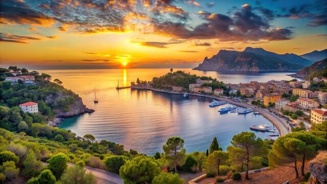 Breathtaking panoramic view of Port de Soller at sunset with the sea in the background , ocean, scenic,  ocean, scenic, town