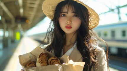A nostalgic scene of a young woman standing at a train station. In her arms, she cradles a bag of freshly baked baguettes wrapped in paper, adding to the quaint, rustic charm of the setting.