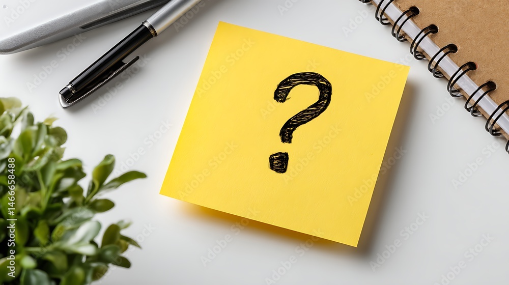 Fototapete A blank sticky note with a question mark placed on a clean white surface, inviting curiosity and reflection in a minimalistic setting