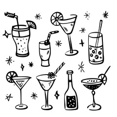 Coquettish merry Christmas set, vector hand drawn New Year doodle illustration, pink ribbon bow. Winter holiday celebration dinner champagne bottle, elegant decoration cocktail glass. Christmas doodle