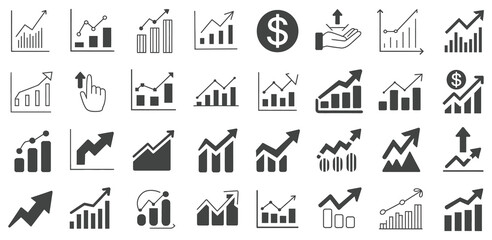 Growth and profit vector icons in black line style featuring charts and graphs representing market trends, ideal for finance and analytics visuals

